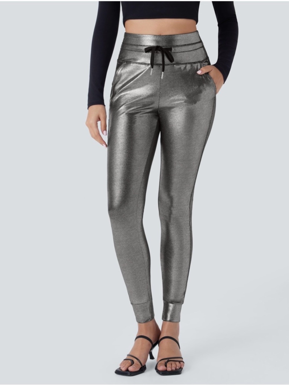 NWT Halara shiny black silver jogger pant